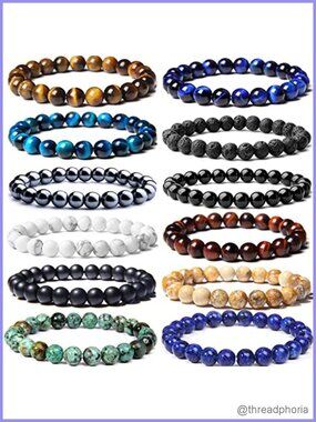 12pcs Semi-Precious Gemstone Beaded Stretch Bracelets Set, 8mm Natural Stones